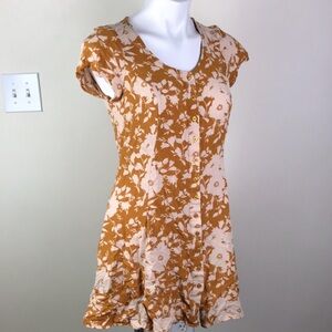 Button Front Lace Up Dress Mustard Yellow Floral